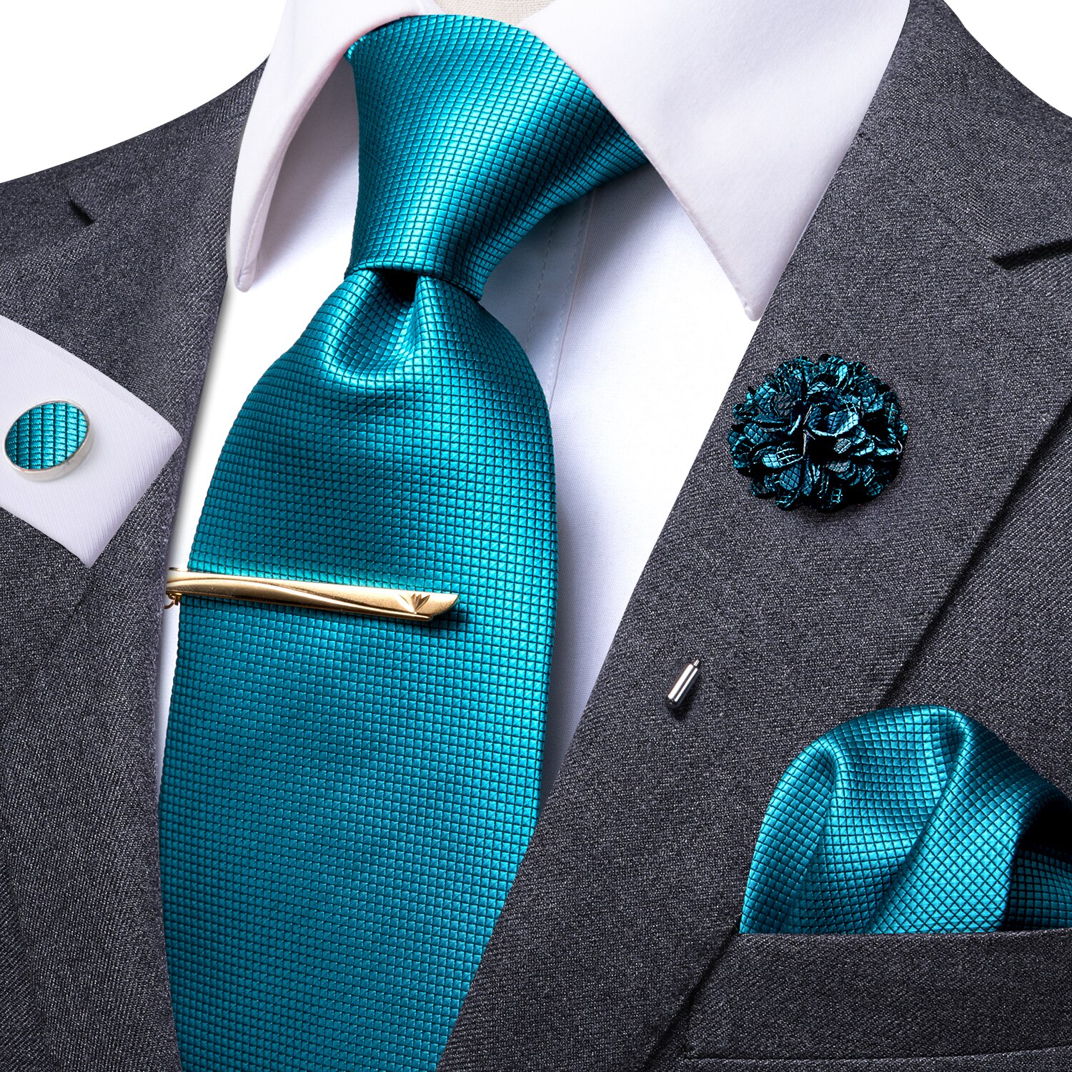 Hi-Tie-Green Silk Men&s Tie Clip Bule Solid Tie Fo..